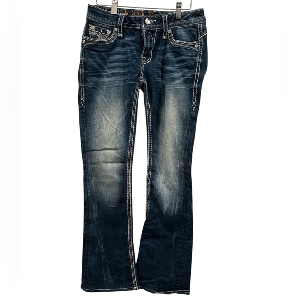 Rock Revival Blue Boot Cut Jeans with Distressed Wash - Picture 1 of 7